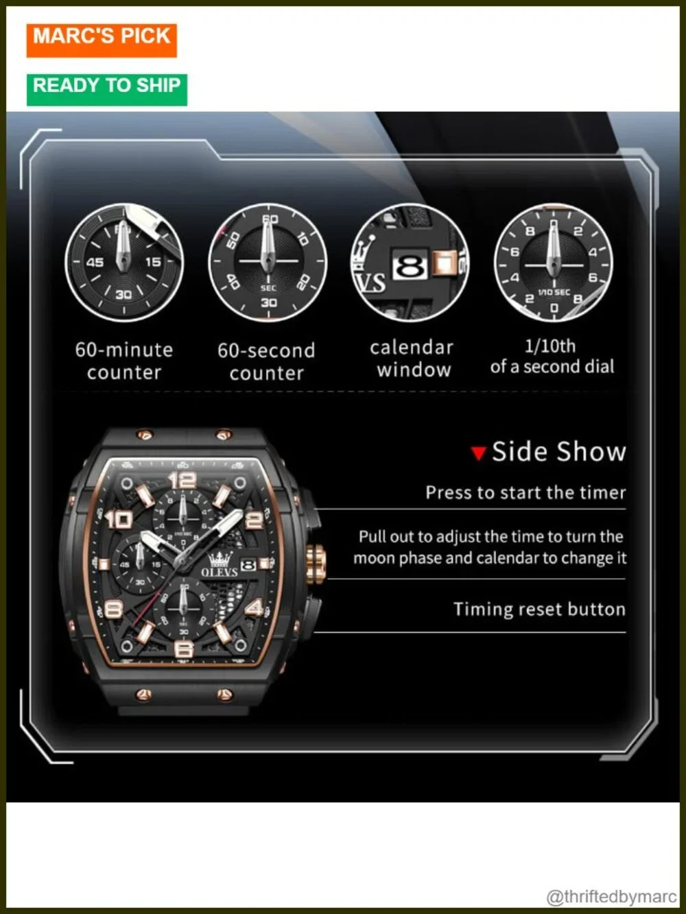 Men's Luxury Square Chronograph Quartz Watch Rubber Strap
